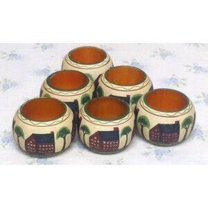6 Handpainted Napkin Rings VTG Wooden Village Scene houses trees Park Designs